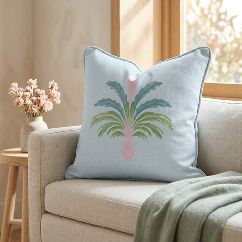 Bellagio Blush Powder Blue Palm Throw Pillow